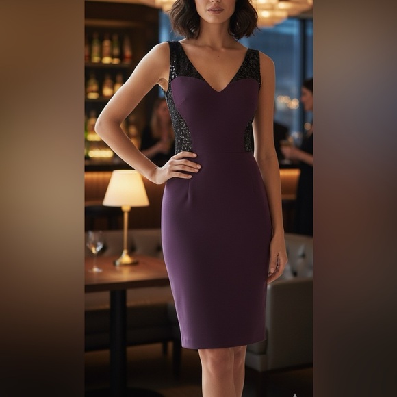 Black Halo "Guipure" Purple and Black Sheath Dress - Picture 1 of 10